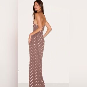 BRAND NEW PRETTYLITTLETHINGS CHOCOLATE POLKADOT CHIFFON MAXI DRESS (size S)